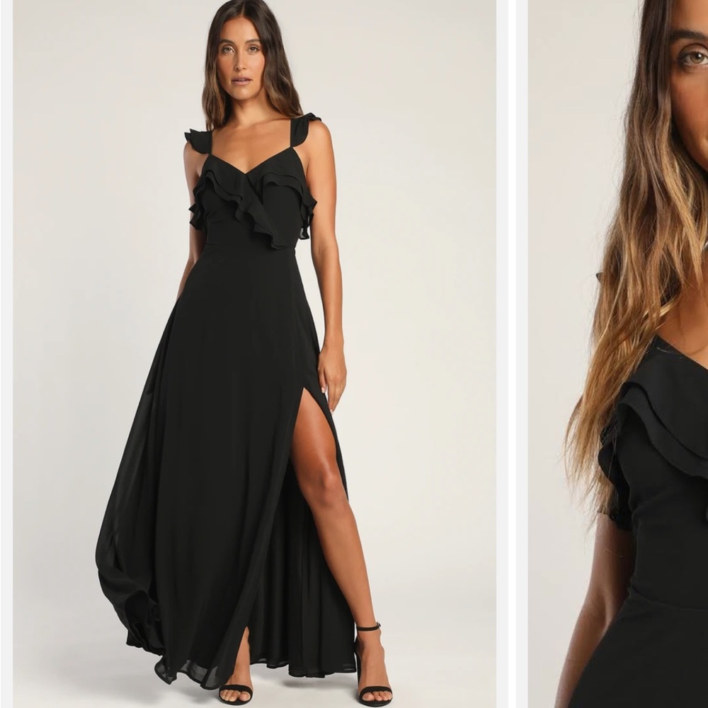 Lulus Adoring Glances Black Ruffle Maxi Dress, Size Small